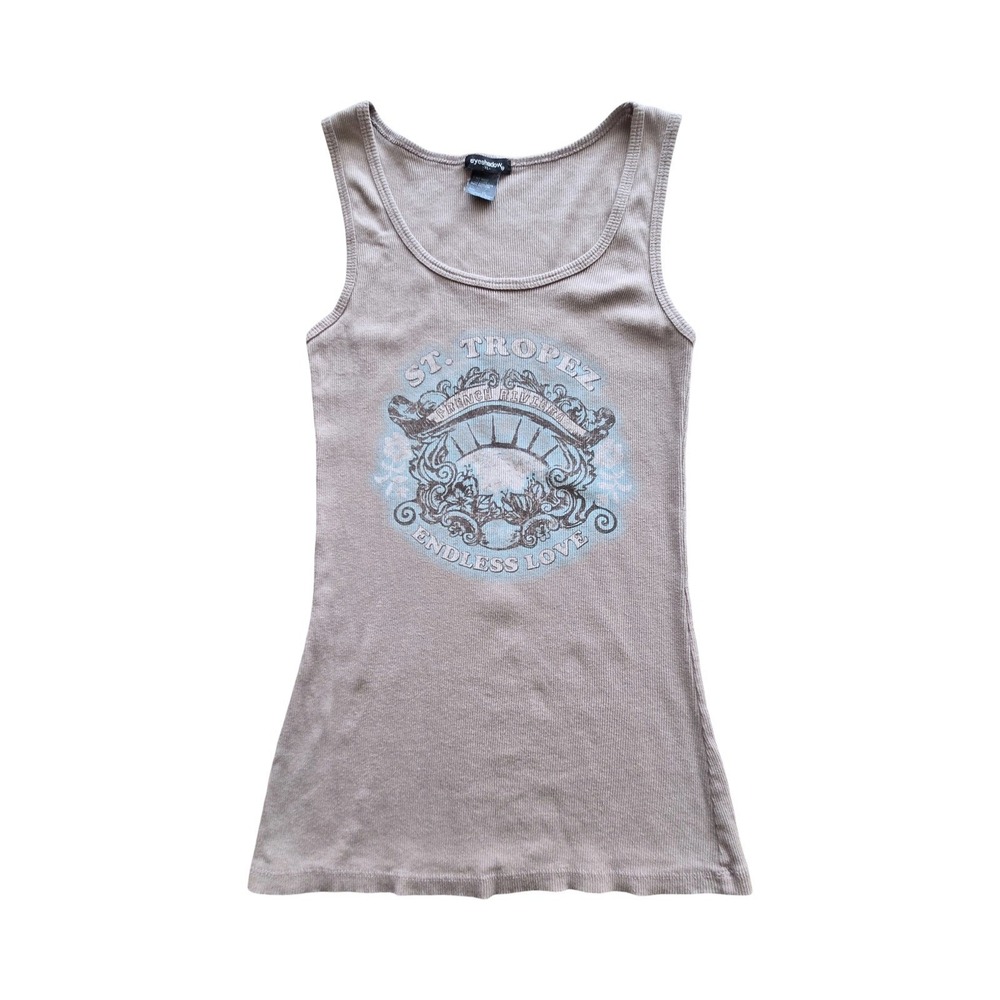 Eyeshadow St Tropez French Riviera Ribbed Tank Top LG Taupe Graphic Y2K Cotton